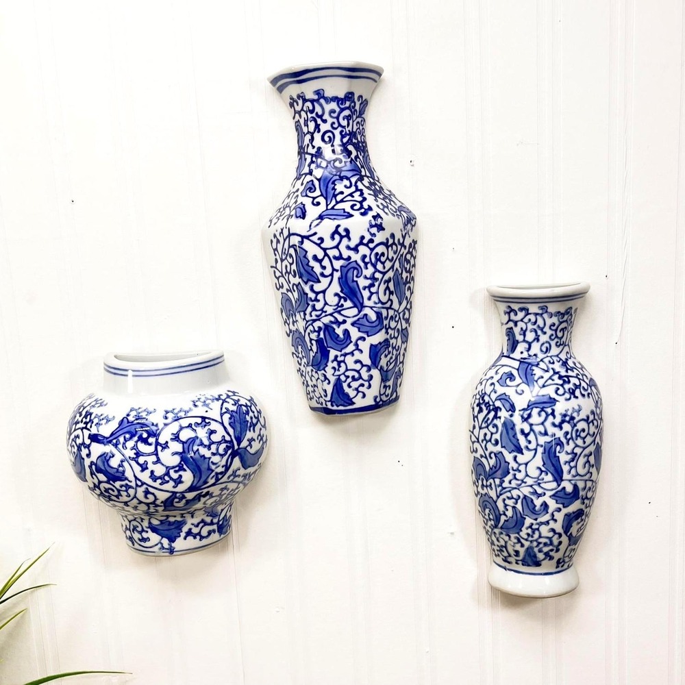 Vintage Blue & White Chinoiserie Wall Pocket Vases |‎ Set of 3 | Grandmillennial